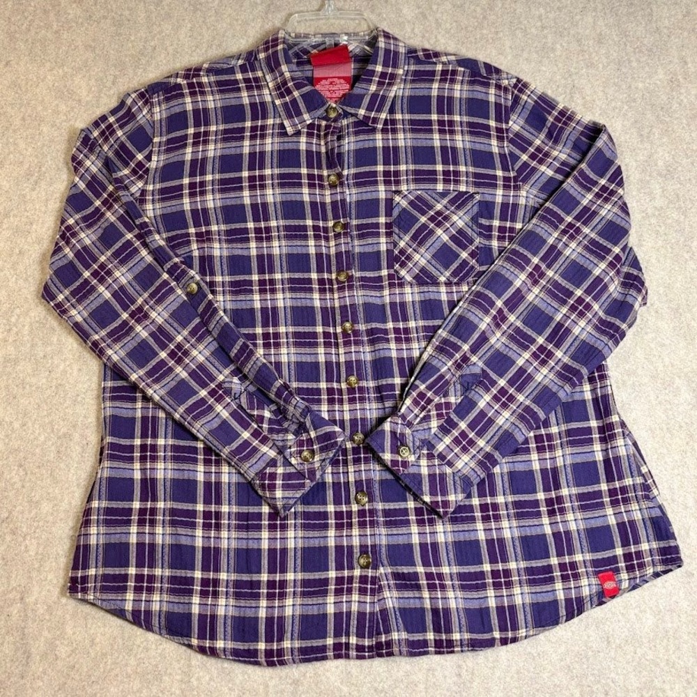 Dickies Button Down Shirt Womens XL Purple Cotton Plaid Western Roll Tab Classic